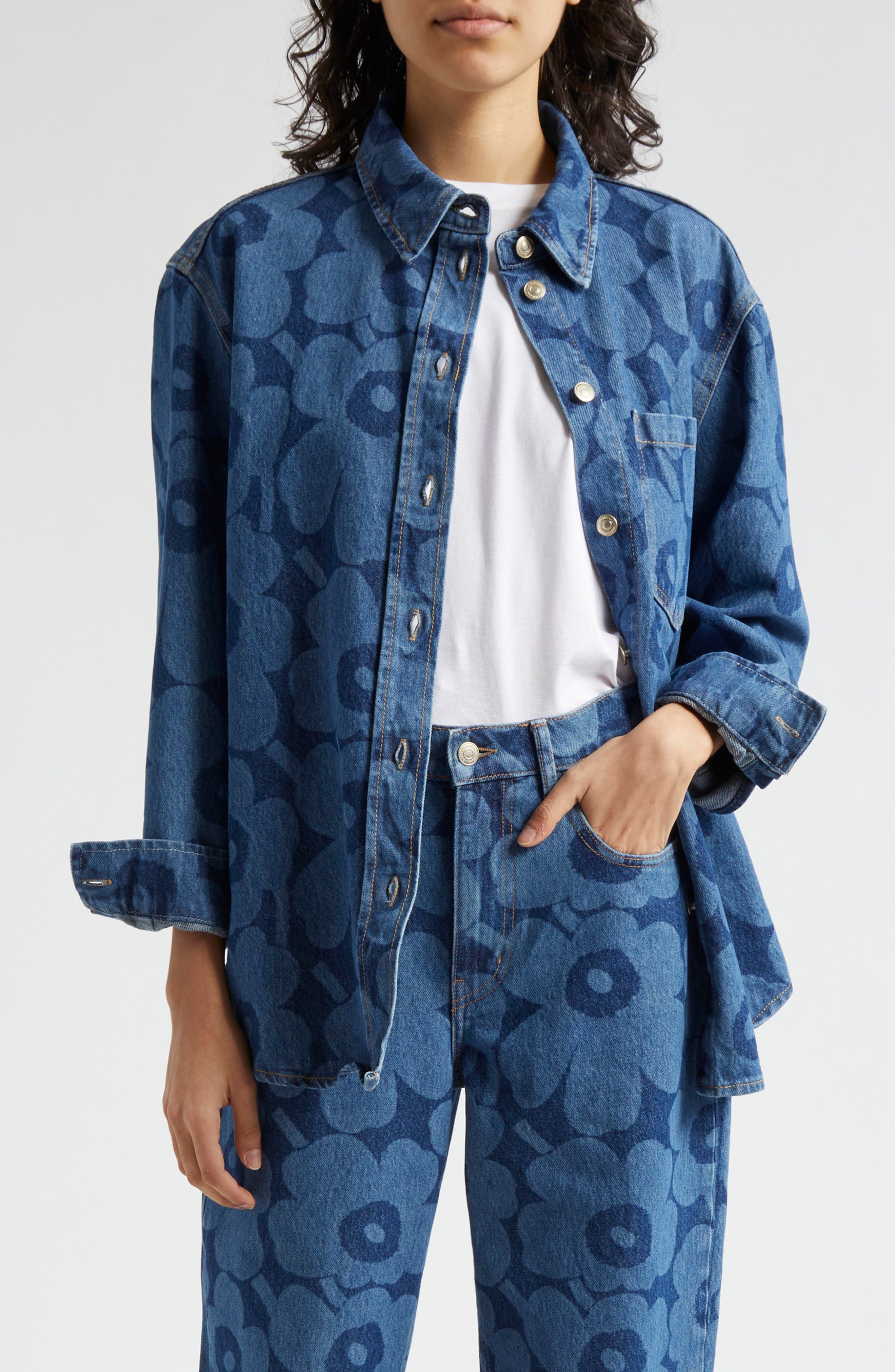 Marimekko Mari Vaihe Unikko Denim Button-Up Shirt in Mid Indigo 