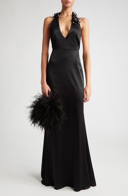 Bead Detail V-Neck Satin Gown in Black