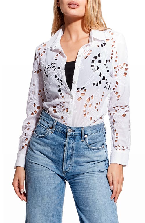 Hannah Floral Embroidery Cotton Button-Up Blouse in White