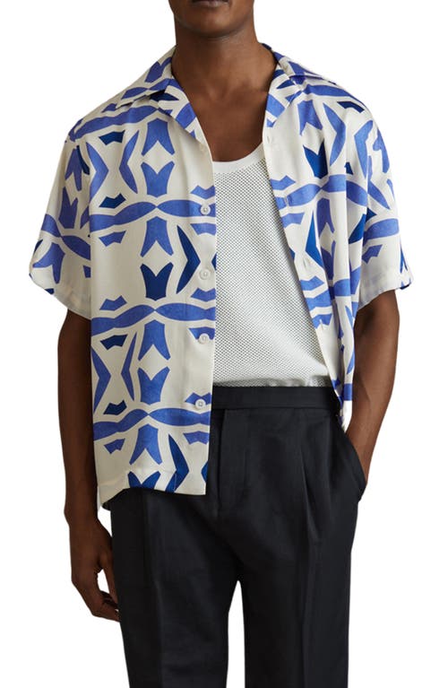 Shop Reiss Purkiss Geo Print Camp Shirt In White/bright Blue