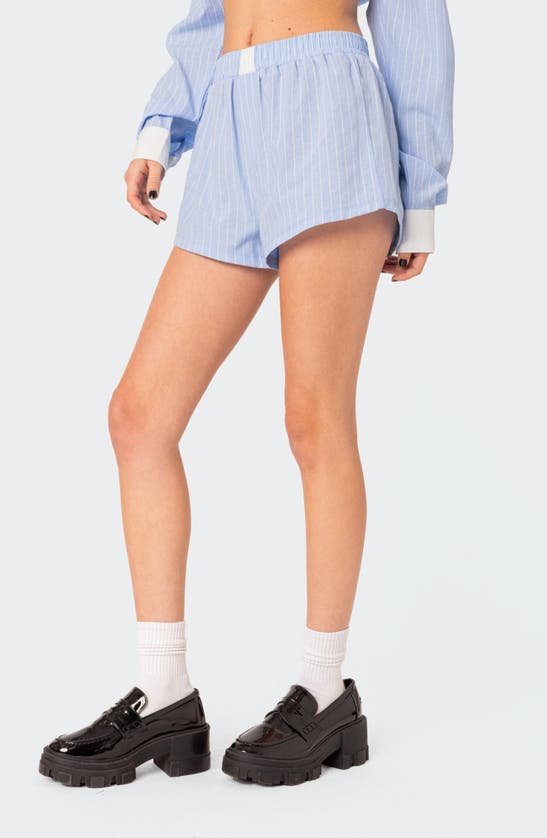 Shop Edikted Lea Pinstripe Cotton Blend Boxer Shorts In Light-blue