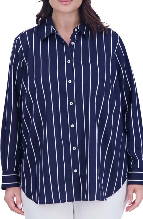 Foxcroft Stripe Button-Up Boyfriend Shirt in Navy at Nordstrom, Size 3X