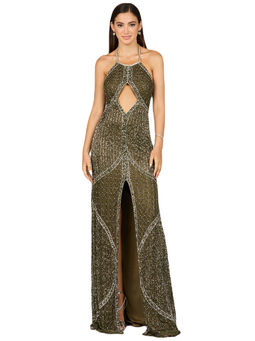 Lara New York Symmetrical Halter Neck Beaded Gown In Olive