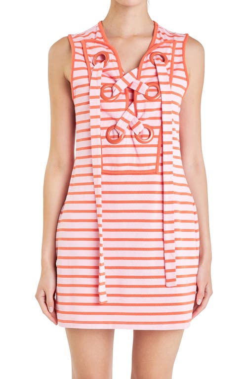 English Factory Stripe Lace-up Shift Dress In Pink/orange