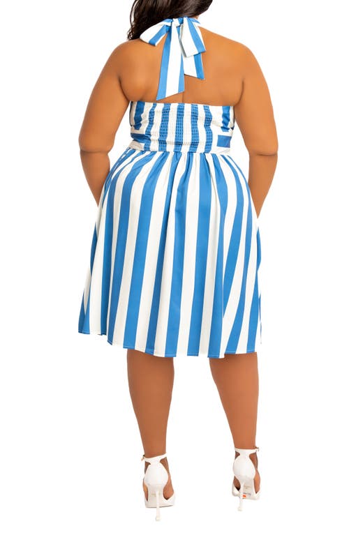 Buxom Couture Stripe Halter Dress In Blue Stripe
