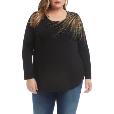 Plus Size Karen Kane Metallic Graphic Long Sleeve Jersey Top, Black