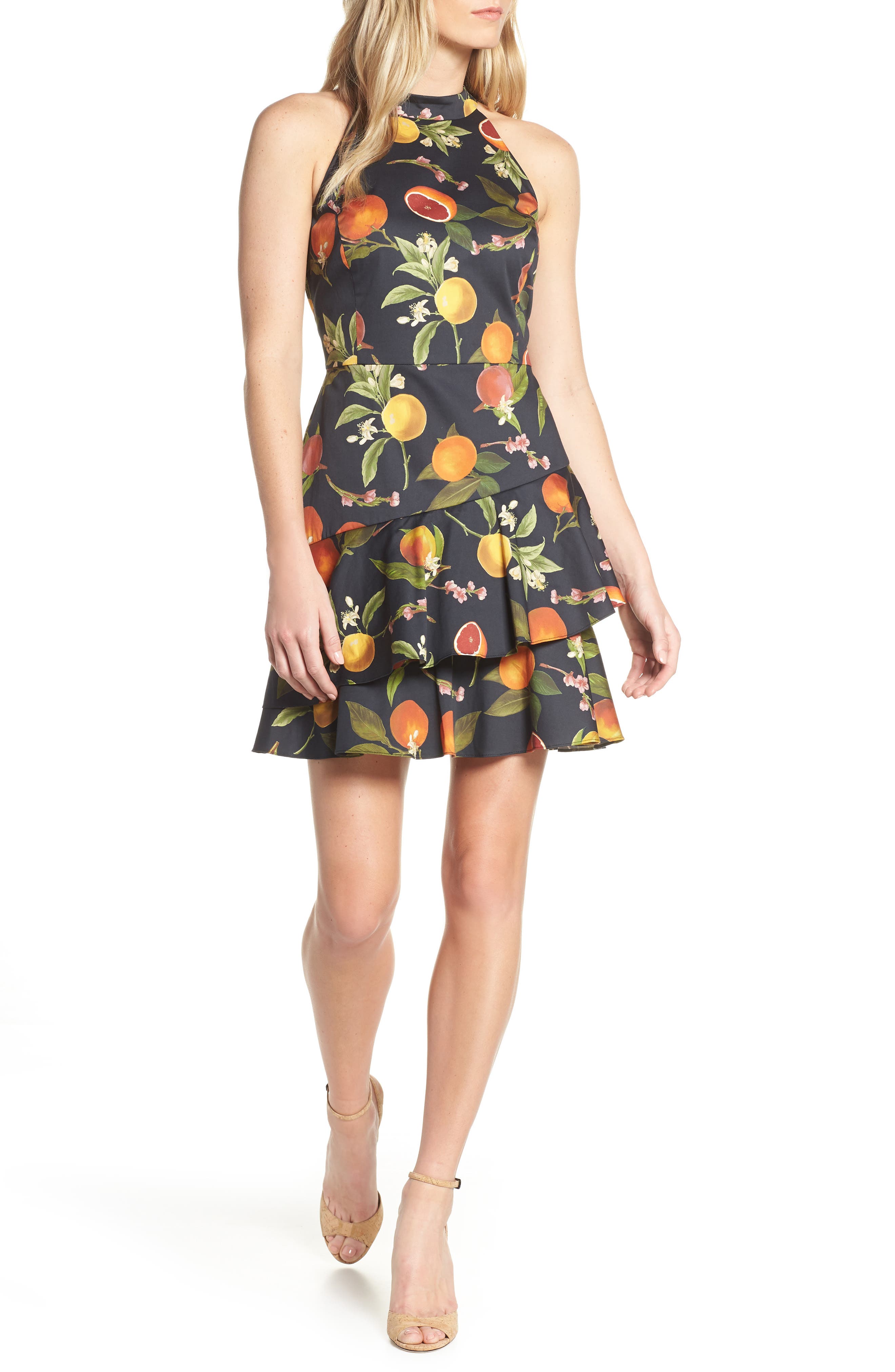 Forest Lily Fruit Print Halter Neck Dress, Black