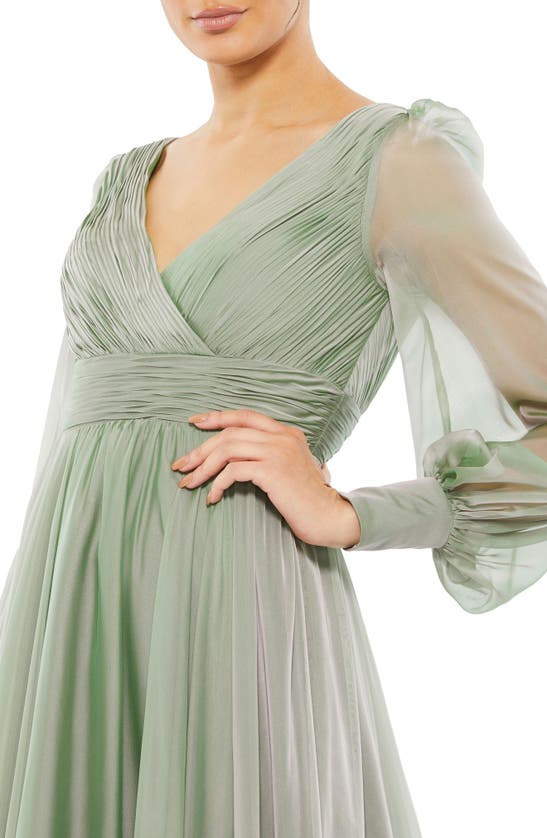 Shop Mac Duggal Long Sleeve Tiered A-line Gown In Sage