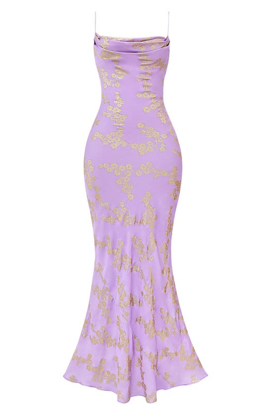 House Of Cb Capriana Metallic Sleeveless Lace Back Mermaid Gown In Orchid Bloom