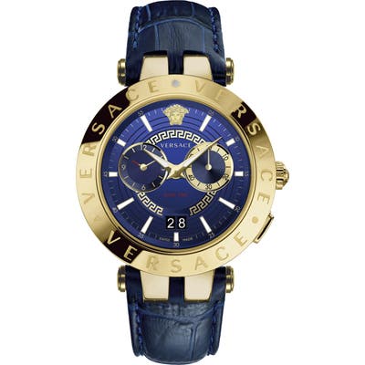 Versace V-Race Dual Time Leather Strap Watch, 4m