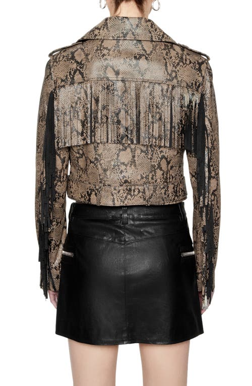 Rebecca Minkoff Janis Fringe Belted Leather Moto Jacket In Python Printed Foil