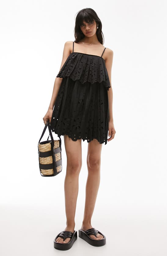 Shop Topshop Pleated Broderie Minidress In Black