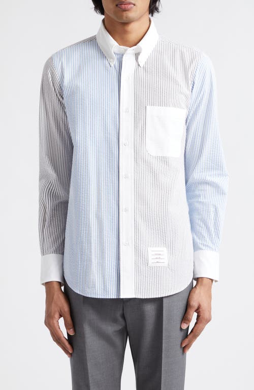 Thom Browne Straight Fit Stripe Cotton Seersucker Button-Down Shirt Medium Grey at Nordstrom,