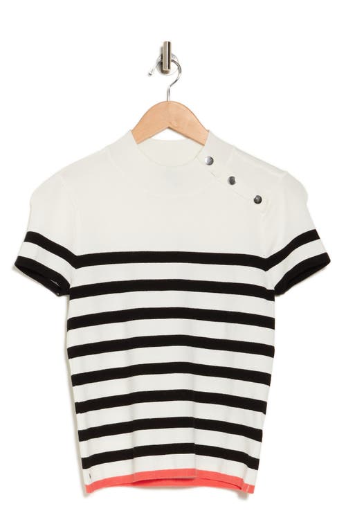 Shop Laundry By Shelli Segal Mock Neck Button Sleeve Jersey Sweater In White/black Stripe
