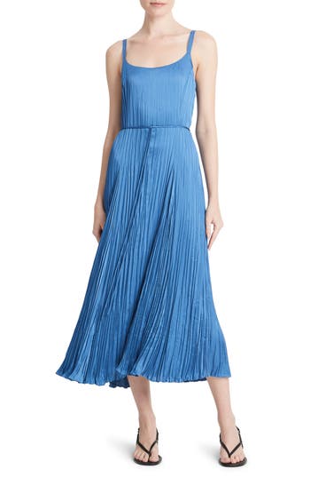 Vince V-neck Pleated Satin Slipdress In Cadet Blue