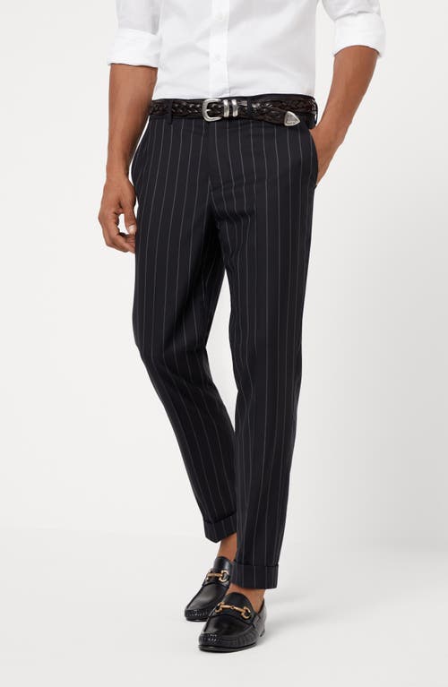 Shop Brunello Cucinelli Super 150s Virgin Wool Wide Chalk Stripe Batavia Formal Fit Trousers In Black