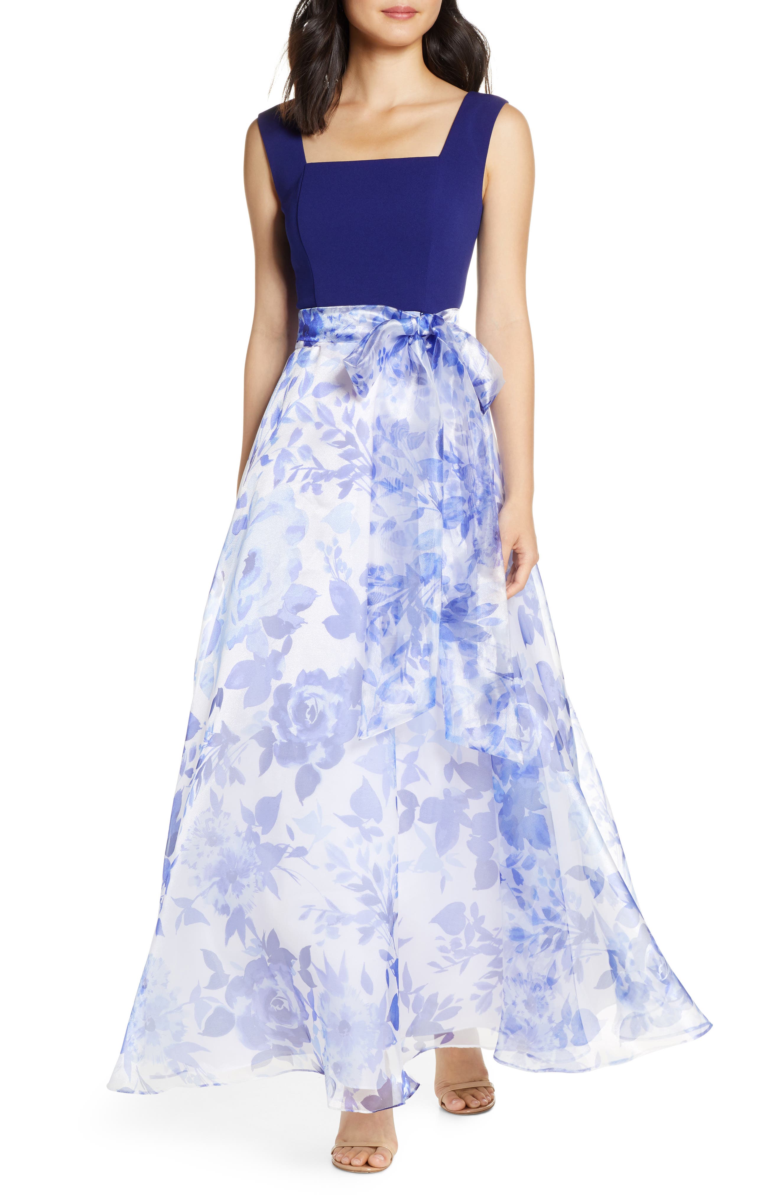 Eliza J Square Neck Scuba Crepe & Chiffon Ballgown, Blue