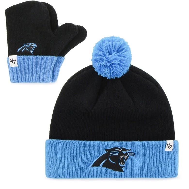 47 Babies' Infant ' Black/blue Carolina Panthers Bam Bam Cuffed Knit Hat With Pom And Mittens Set