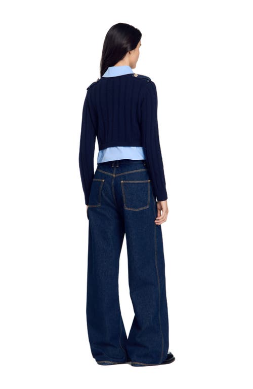 Shop Sandro Cropped Wool And Cashmere Sweater In Navy Blue