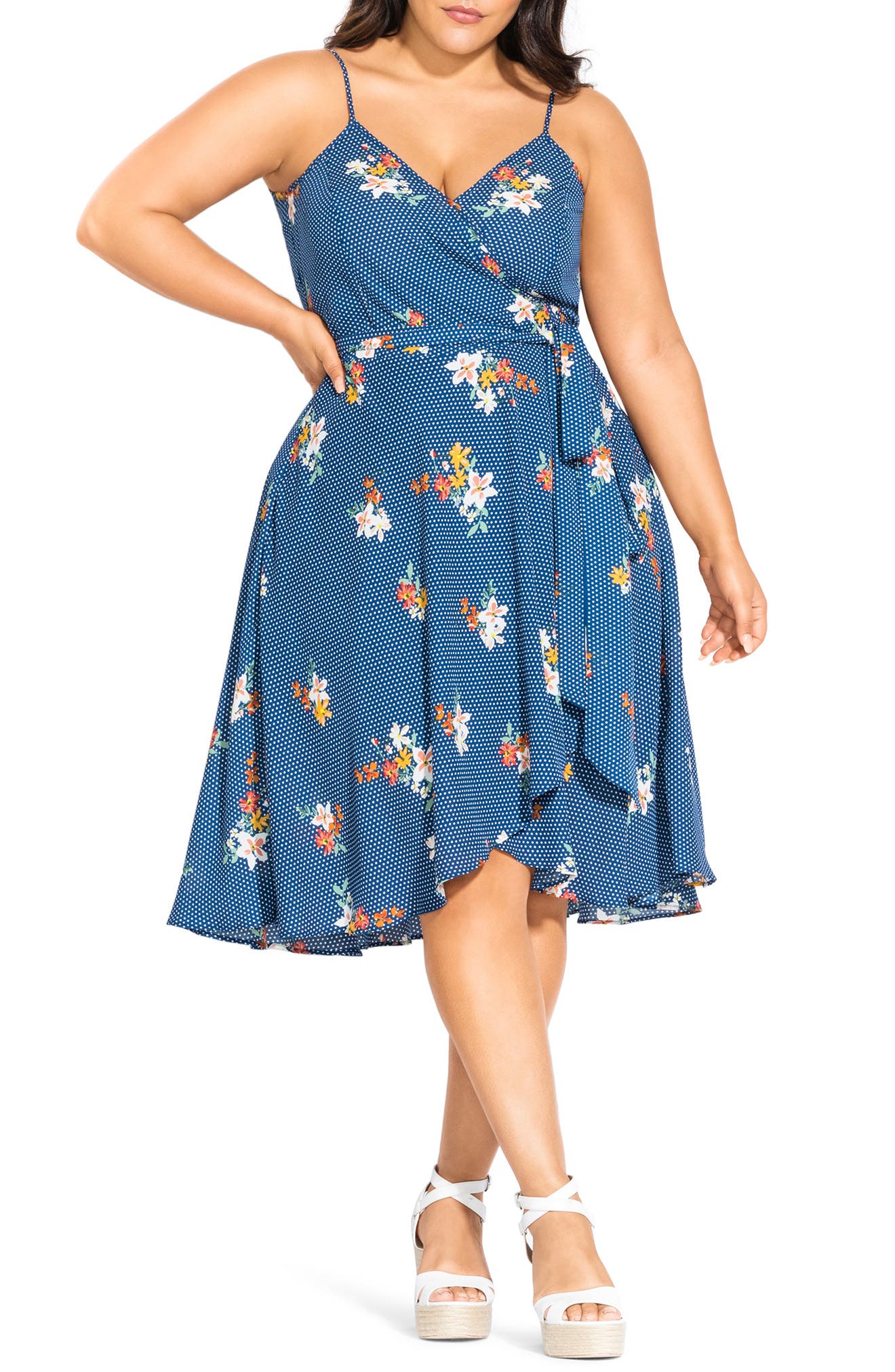 Plus Size City Chic Floral Print Wrap Dress, Blue