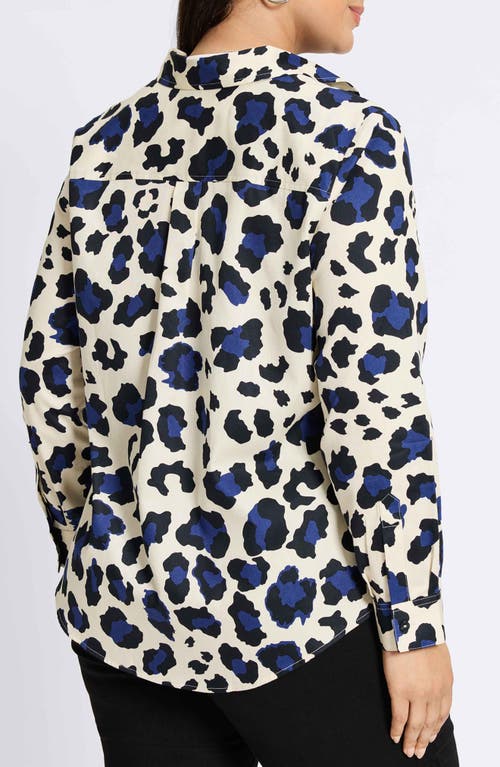 Foxcroft Charlie Leopard Print Cotton Button-up Shirt In Pacific Blue