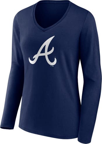 Women's Fanatics Branded Navy/White Atlanta Braves Even Match Lace-Up Long Sleeve V-Neck T-Shirt