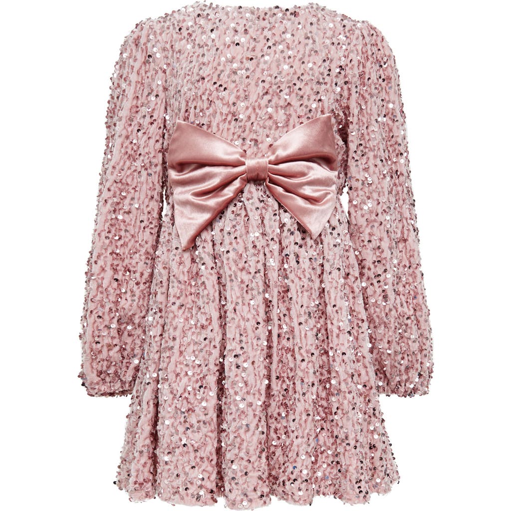 Bardot Junior Kids' Sequin Velour Bow Long Sleeve Dress in Pink Sequin