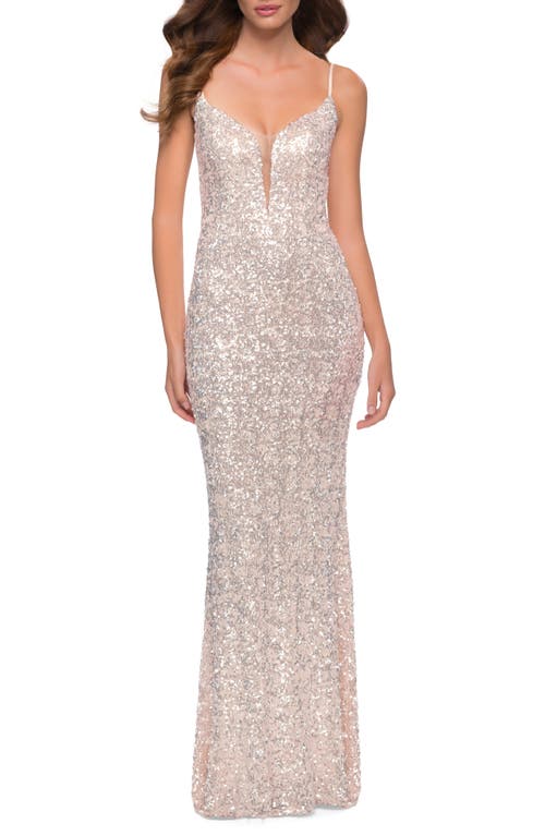 Deep V-Neck Sequin Gown in Champagne