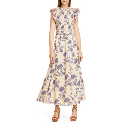 Sea Odette Floral Flutter Sleeve Midi Dress, Ivory