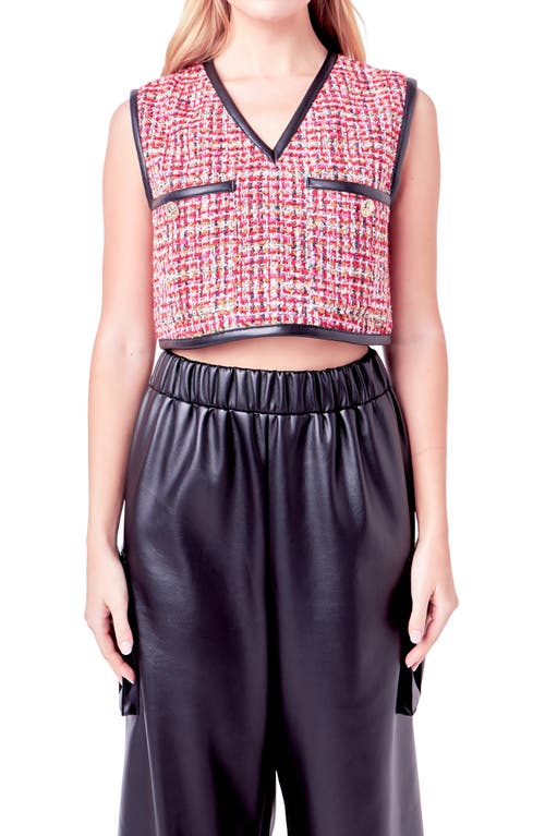 Shop English Factory Faux Leather Trim Crop Tweed Vest In Red Multi