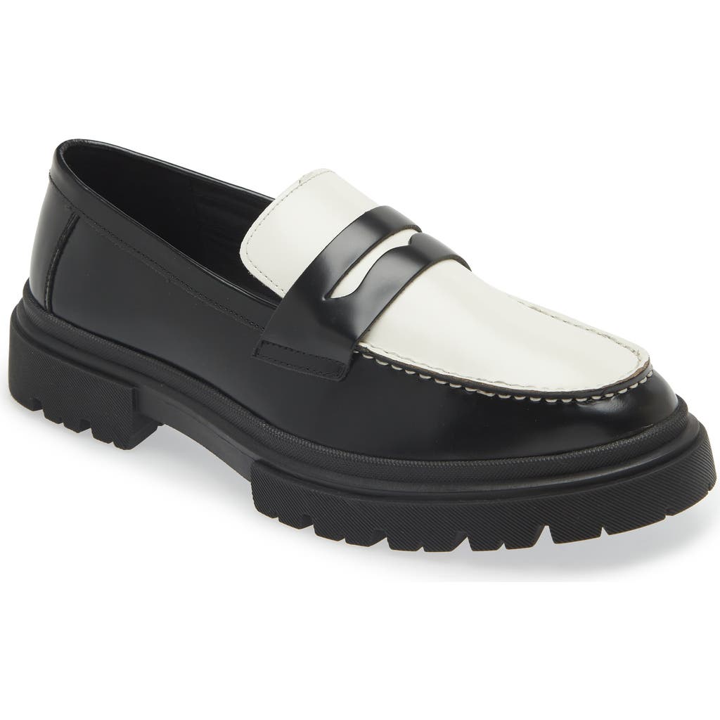 Steve Madden Zaccai Lug Sole Penny Loafer In Black White