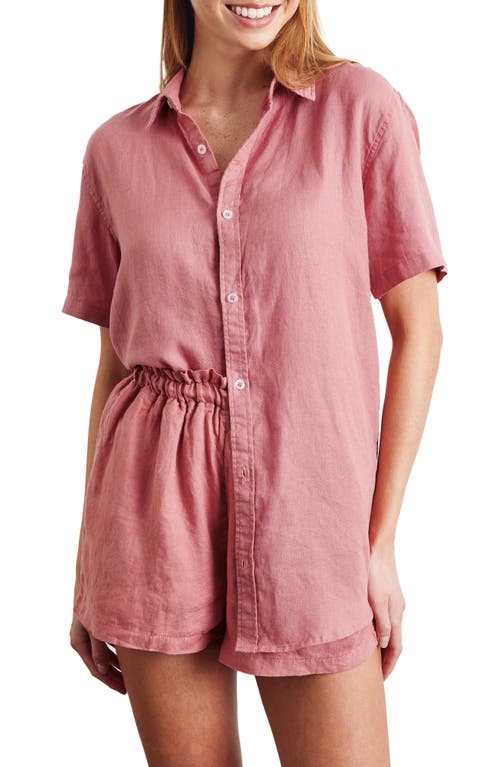 Short Sleeve Linen Button-Up Shirt in Pink