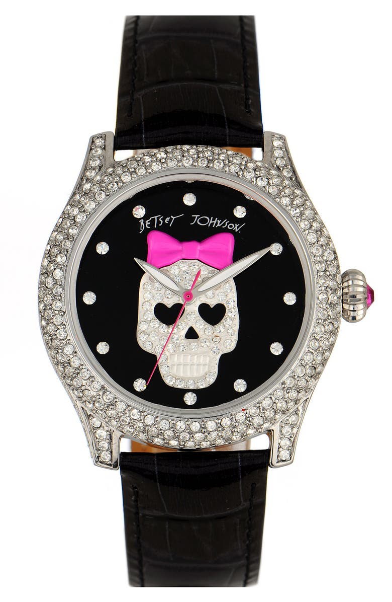 BETSEY JOHNSON 'Bling Bling Time' Skull Dial Leather Strap Watch, Main, color, SILVER/ BLACK