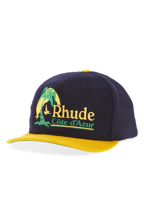 Rhude Azure Coast Snapback Wool Blend Baseball Cap In Navy/yellow