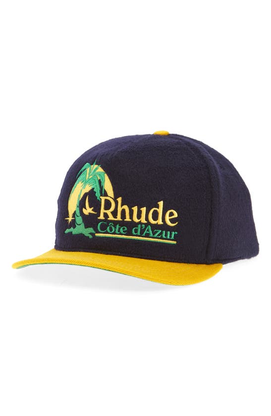 Rhude Azure Coast Snapback Wool Blend Baseball Cap In Navy/ Yellow