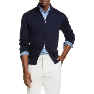 Brunello Cucinelli Fine Gauge Wool & Cashmere Zip Cardigan Blue