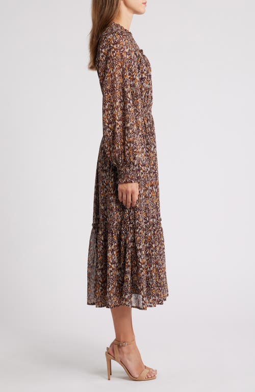 Mila Mae Smocked Tiered Long Sleeve Midi Dress In Wine Multi