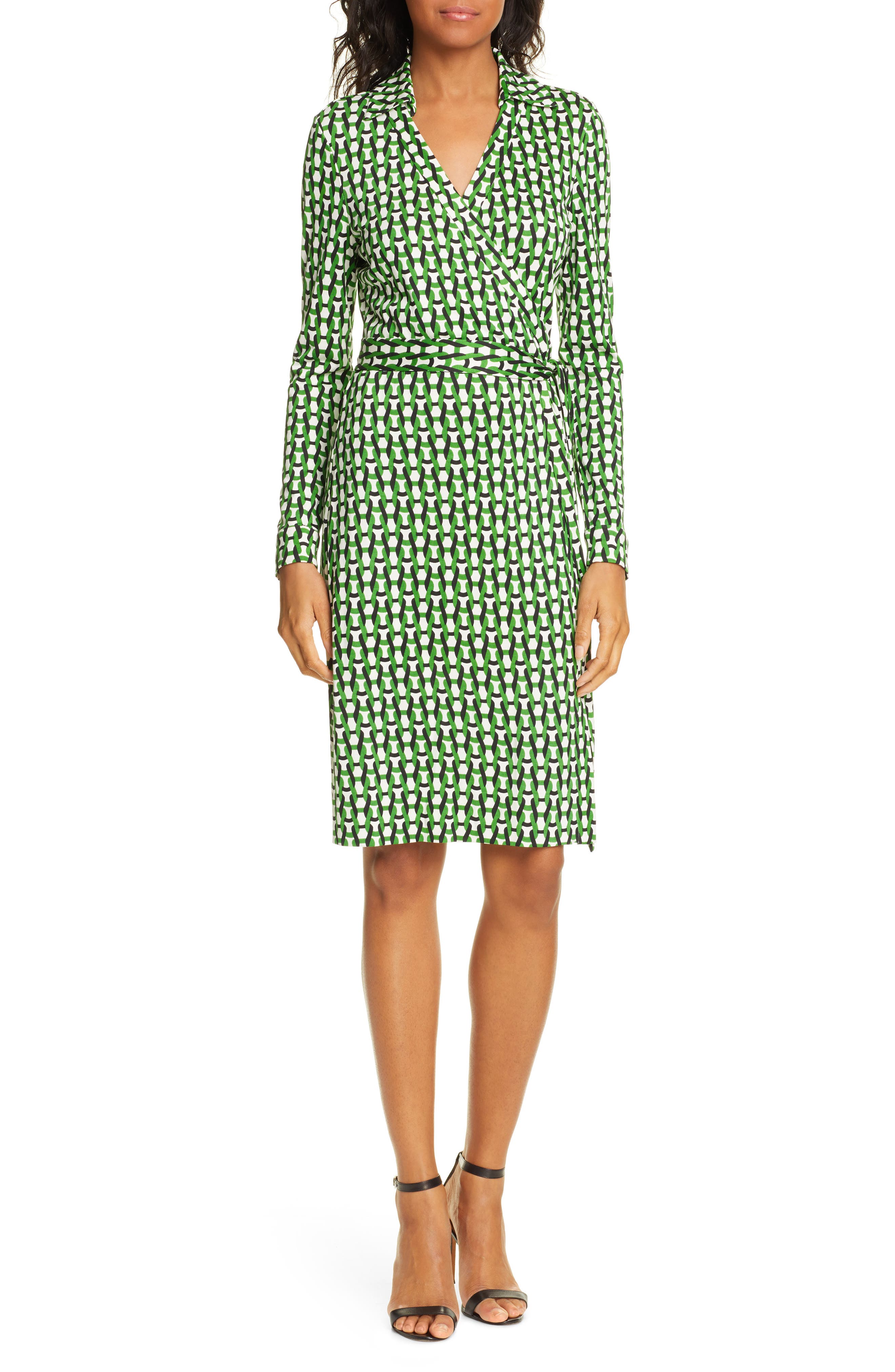 Dvf New Jeanne Two Long Sleeve Silk Wrap Dress, Green