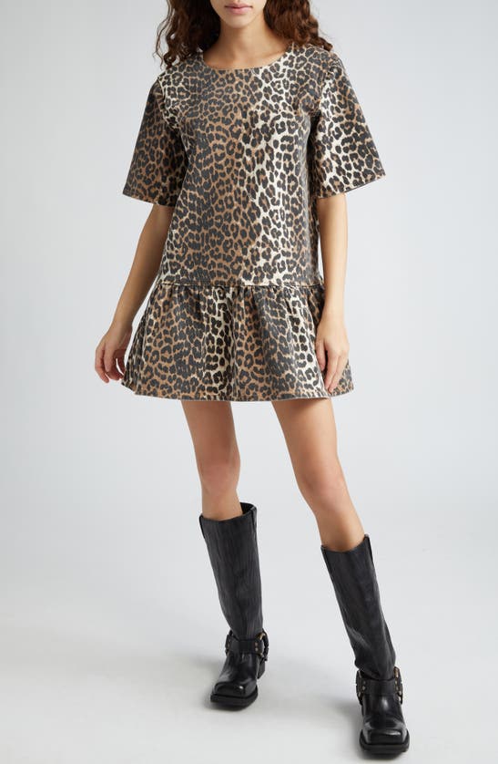 Shop Ganni Leopard Print Open Back Organic Cotton Stretch Twill Minidress