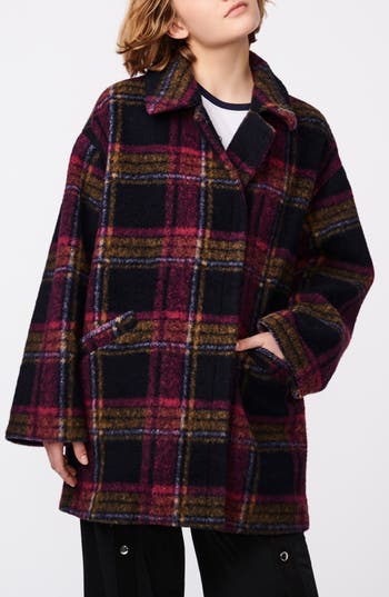 Bernardo Plaid Notch Lapel Coat In Navy Pink Camel
