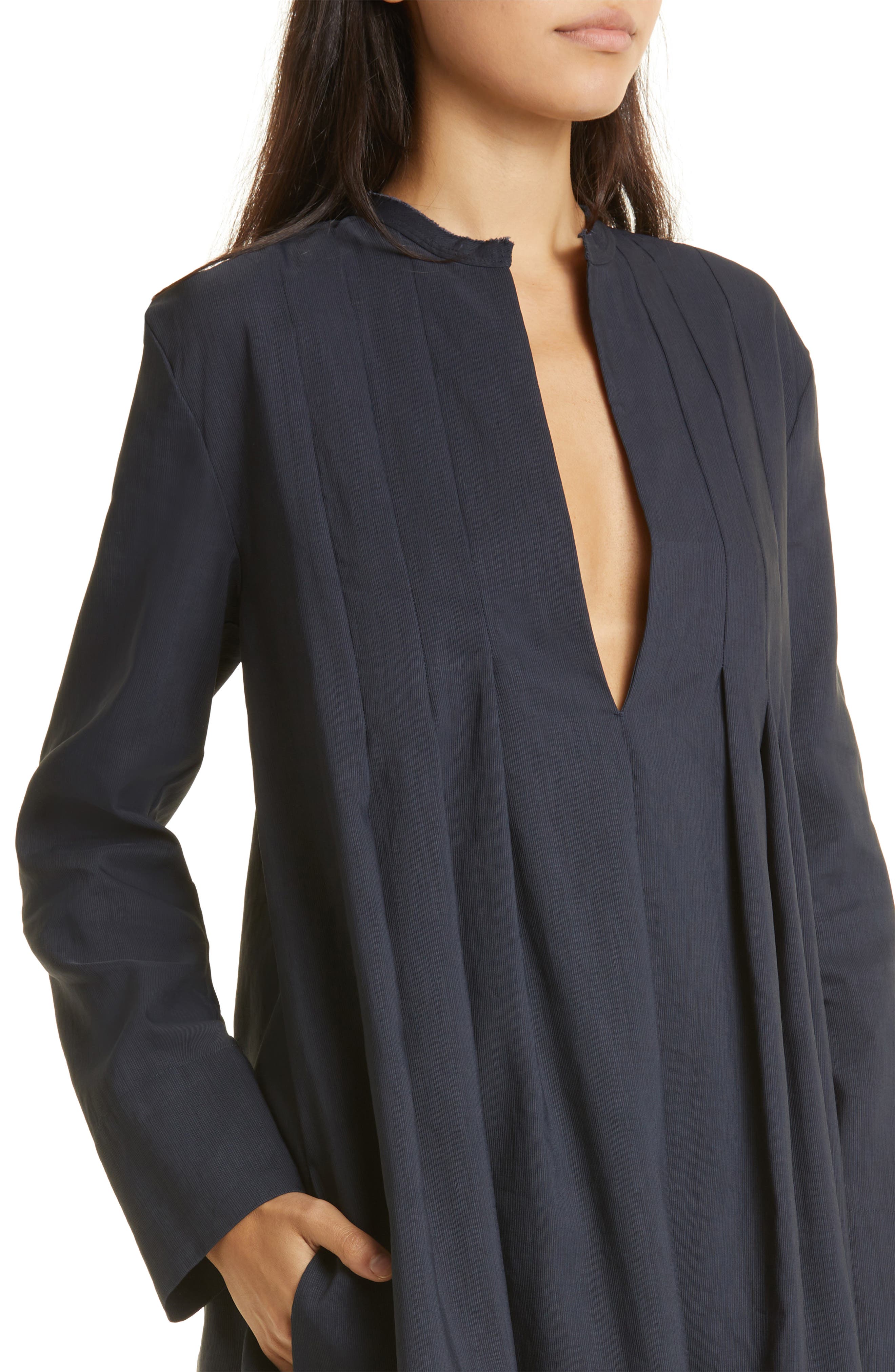 Vince Pleat Detail Long Sleeve Linen & Cotton Blend Trapeze Dress in  Coastal Blue | Smart Closet