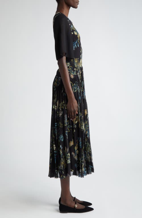 Shop Jason Wu Collection Floral Forest Pleated Drop Waist Midi Dress In Black/multi