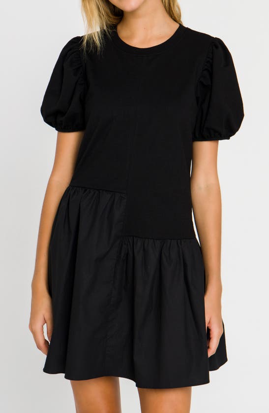 Shop English Factory Puff Shoulder Mixed Media Minidress In Black