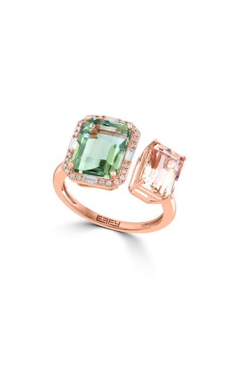 14K Rose Gold Diamond Halo Green Quartz & Morganite Ring - 0.16ct.
