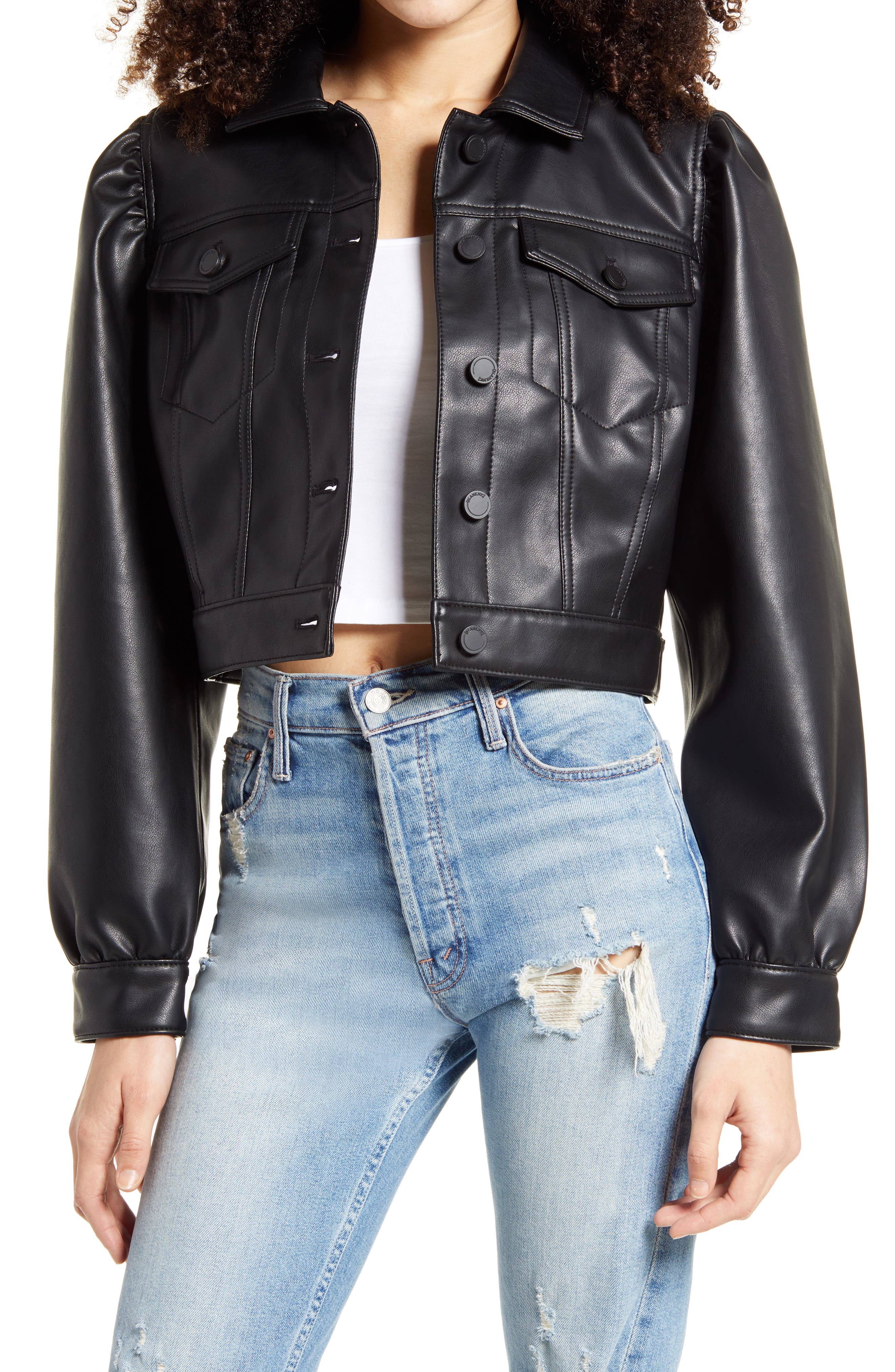 Blanknyc Denim Puff Sleeve Faux Leather Crop Jacket In Power Stance Modesens 