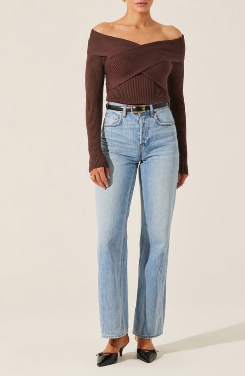 Shop Astr The Label Crossover Off The Shoulder Rib Sweater In Brown