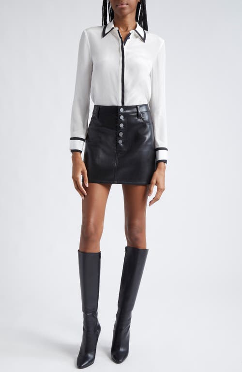 Shop Alice And Olivia Alice + Olivia Willa Contrast Trim Silk Button-up Top In Off White/black