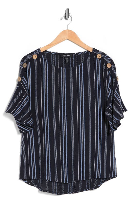Ellen Tracy Round Neck Button Detail Linen Blend Top In Navy Stripe