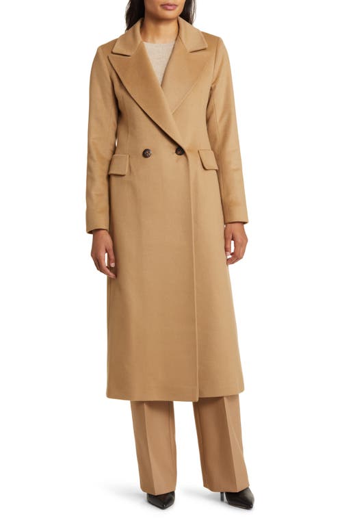 Leo Double Breasted Longline Cashmere Coat in Camel