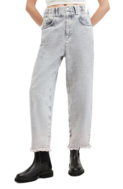 Hailey High Waist Fray Hem Straight Leg Jeans (Snow Grey)